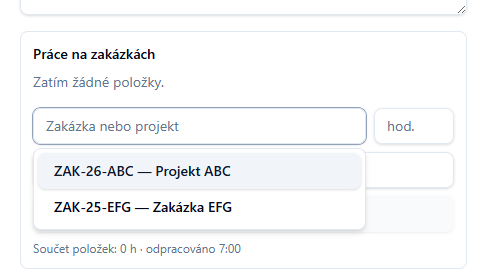 Zápis odpracovaných hodin na zakázku
